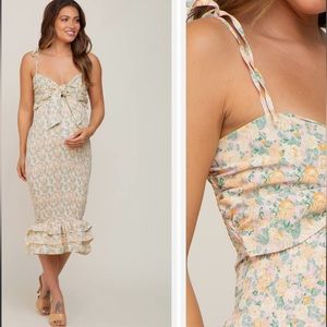Pinkblush Cream Pink Rose Floral Knot Front Smocked Maternity Midi Dress